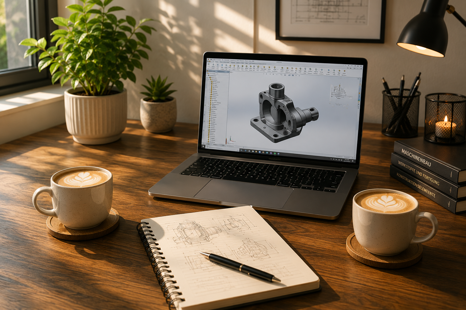 Arbeitsplatz mit CAD-Konstruktion, Notizblock und zwei Milchkaffees
